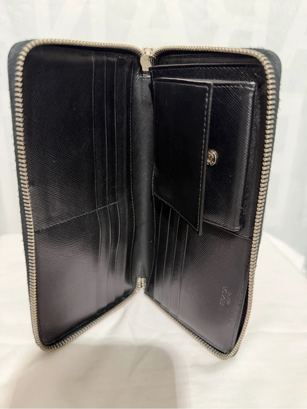 Prada Black Wallet with Embroidered Wing, Dagger & Red Heart Accent